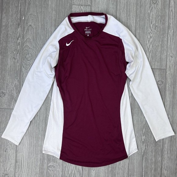Nike Dri-Fit Long Sleeve Shirt Sport Active Stretch Crimson Red Maroon White L - Picture 1 of 10